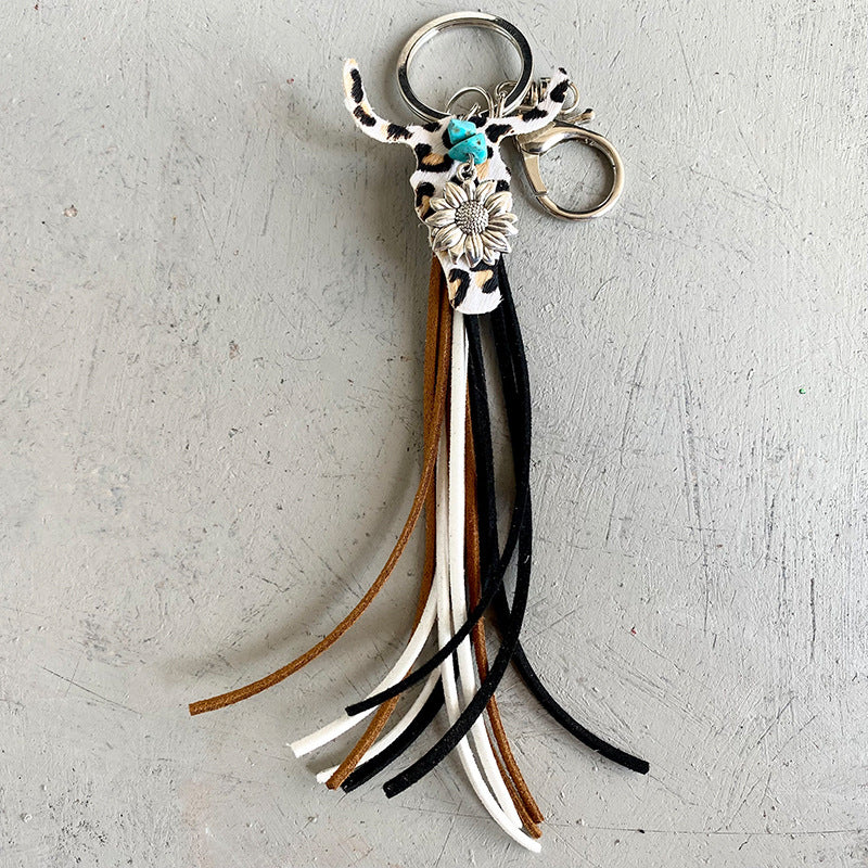 Al por mayor al por mayor del llavero de girasol de tasel de cuero de cuero de cuero un paquete de dos